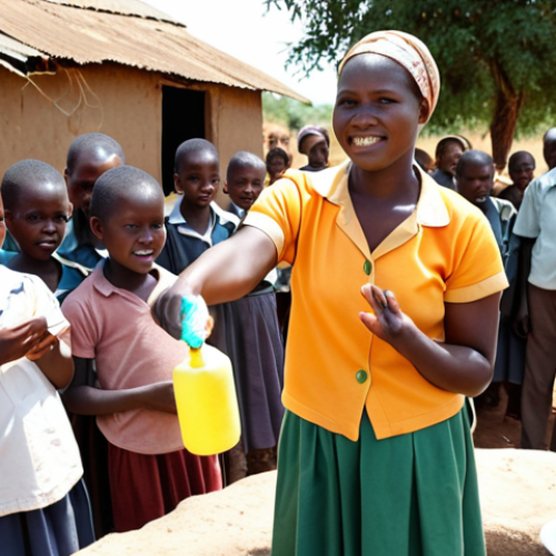 Home 4 **
A Zambian community health worker teaching a group of people, including children, about handwashing with soap and water. The scene includes a simple water source, like a well or tap, and posters with hygiene tips in local language. The overall tone is positive and hopeful, emphasizing the importance of hygiene education in preventing cholera.
**