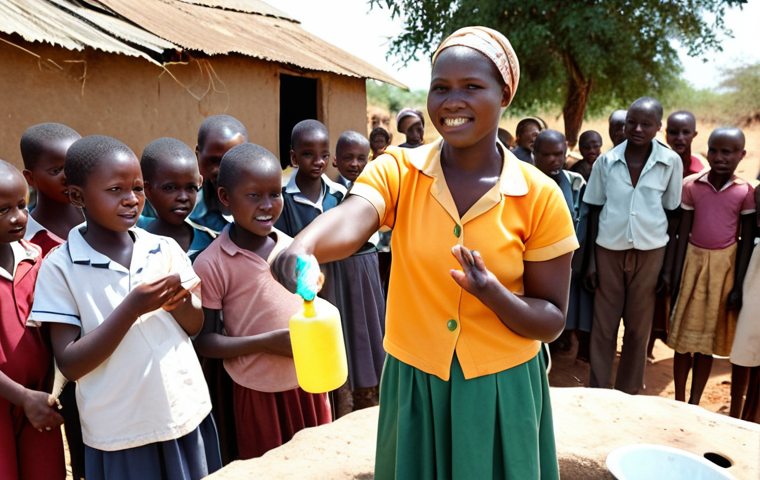 **
A Zambian community health worker teaching a group of people, including children, about handwashing with soap and water. The scene includes a simple water source, like a well or tap, and posters with hygiene tips in local language. The overall tone is positive and hopeful, emphasizing the importance of hygiene education in preventing cholera.
**