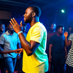 A diverse group of adults on a vibrant dance floor in a Zambian club, fully clothed in comfortable, appropriate attire, moving energetically to upbeat Afrobeats music. Dynamic lighting illuminates the scene, with a visible DJ booth in the background. The atmosphere is lively and engaging. Professional photography, high quality, safe for work, appropriate content, fully clothed, perfect anatomy, correct proportions, natural pose, well-formed hands, proper finger count, natural body proportions, modest attire, family-friendly.