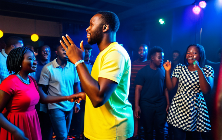 A diverse group of adults on a vibrant dance floor in a Zambian club, fully clothed in comfortable, appropriate attire, moving energetically to upbeat Afrobeats music. Dynamic lighting illuminates the scene, with a visible DJ booth in the background. The atmosphere is lively and engaging. Professional photography, high quality, safe for work, appropriate content, fully clothed, perfect anatomy, correct proportions, natural pose, well-formed hands, proper finger count, natural body proportions, modest attire, family-friendly.