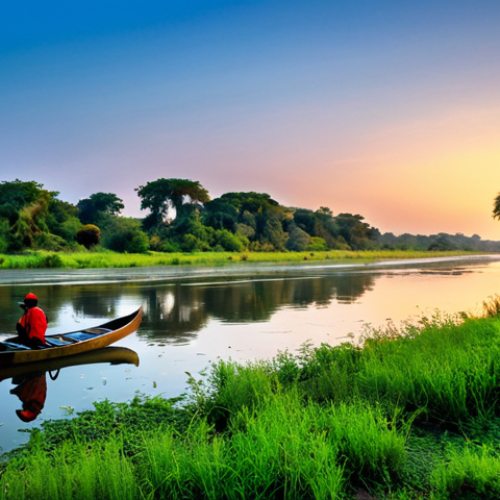 Home 20 **
A scenic view of the Luangwa River, Zambia, during sunset. The river reflects the vibrant colors of the sky. Lush green vegetation lines the riverbanks. In the distance, elephants are drinking water. Fully clothed people are in a canoe, observing wildlife. Safe for work, appropriate content, modest, perfect anatomy, natural proportions, professional photography, high quality.
**