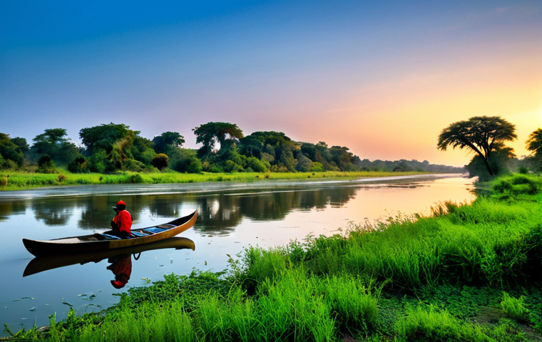 **
A scenic view of the Luangwa River, Zambia, during sunset. The river reflects the vibrant colors of the sky. Lush green vegetation lines the riverbanks. In the distance, elephants are drinking water. Fully clothed people are in a canoe, observing wildlife. Safe for work, appropriate content, modest, perfect anatomy, natural proportions, professional photography, high quality.
**