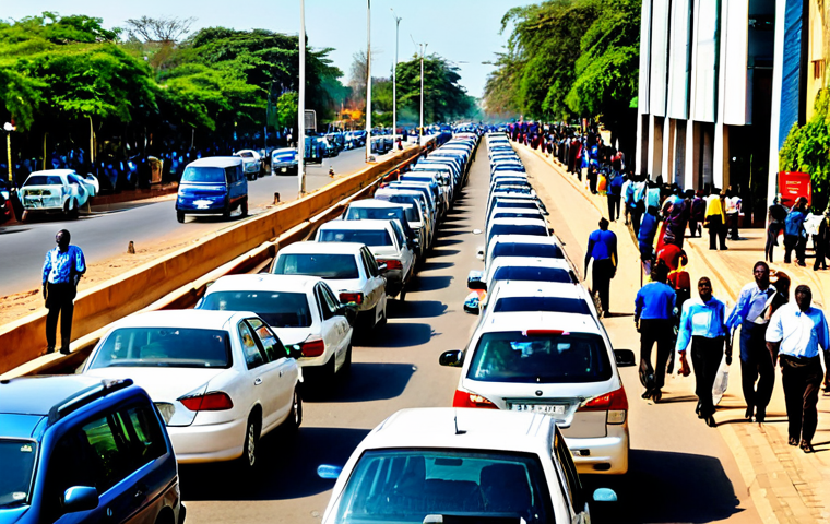 Busy City Life in Lusaka**
"A bustling street scene in Lusaka, Zambia, during rush hour. People in professional attire are hurrying to work, some using smartphones. Traffic jam with cars and minibuses. Modern buildings in the background. Safe for work, appropriate content, fully clothed, professional, perfect anatomy, correct proportions, natural pose, high quality, well-formed hands, proper finger count, natural body proportions, professional photography, vibrant colors."
**